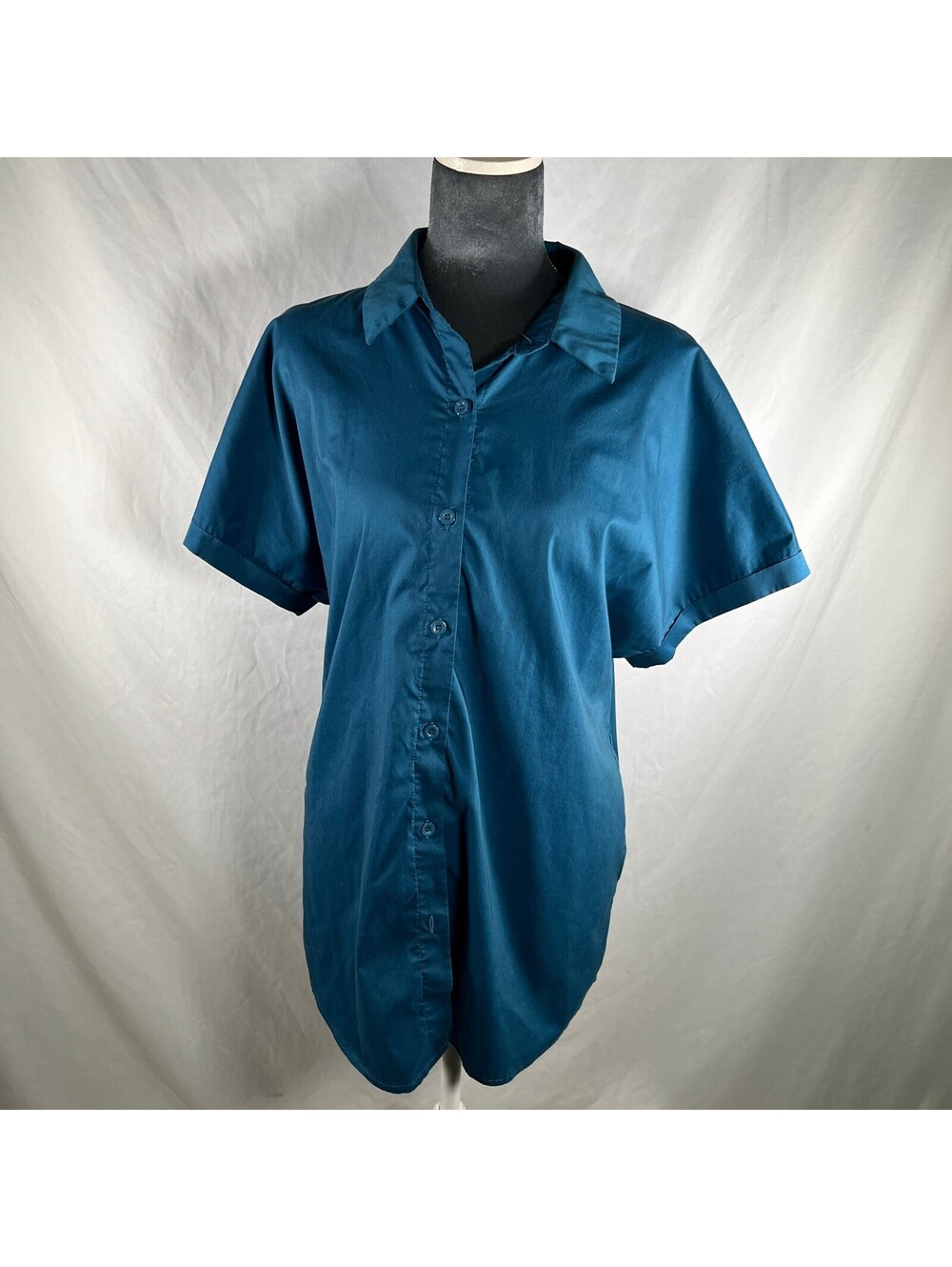 Teal Blue Oversized Dolman Short Sleeve Button Down Shirt Size L